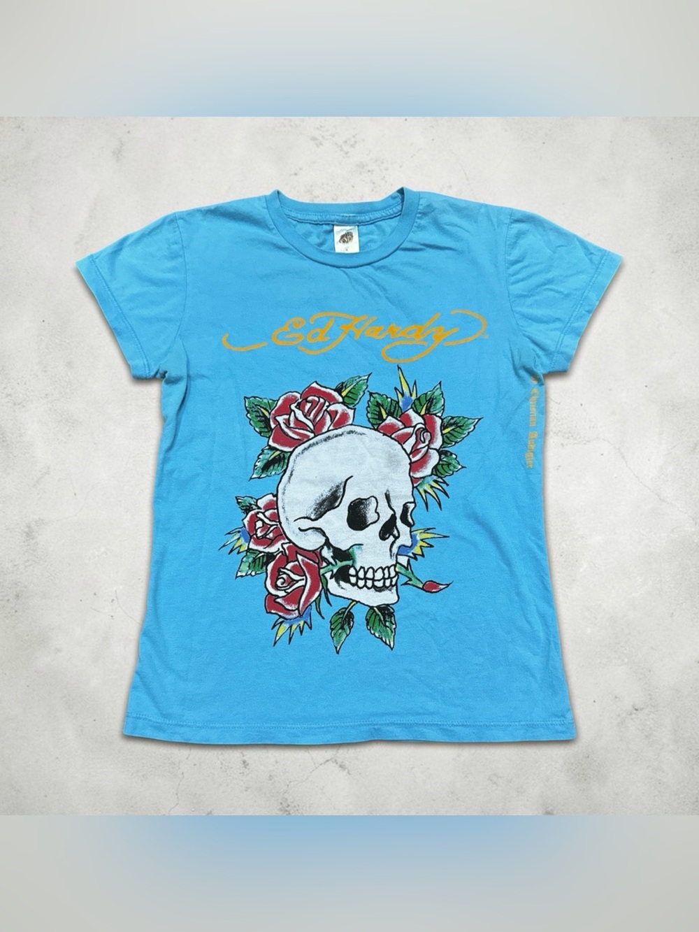 Ed Hardy Blue T Shirt Skull Spell Out Graphic Christian Audigier Small Y2K Women